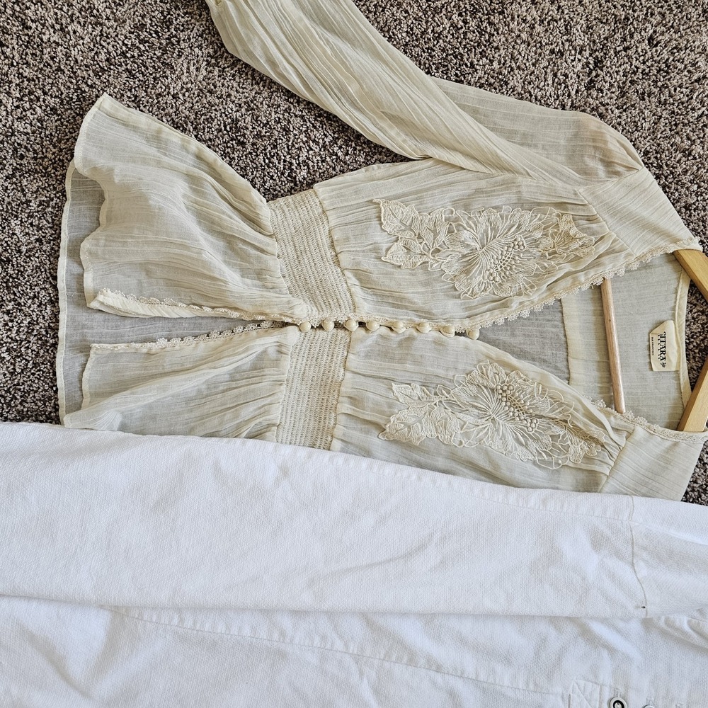 1970s Vintage Sitara San Francisco Ivory Boho Gauze Peasant Lace Blouse #40 - Picture 10 of 12